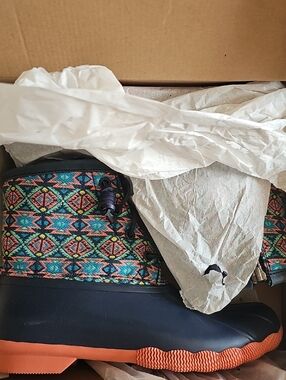 Sperry Navy Saltwater Textile Rain Boots with Orange Sole